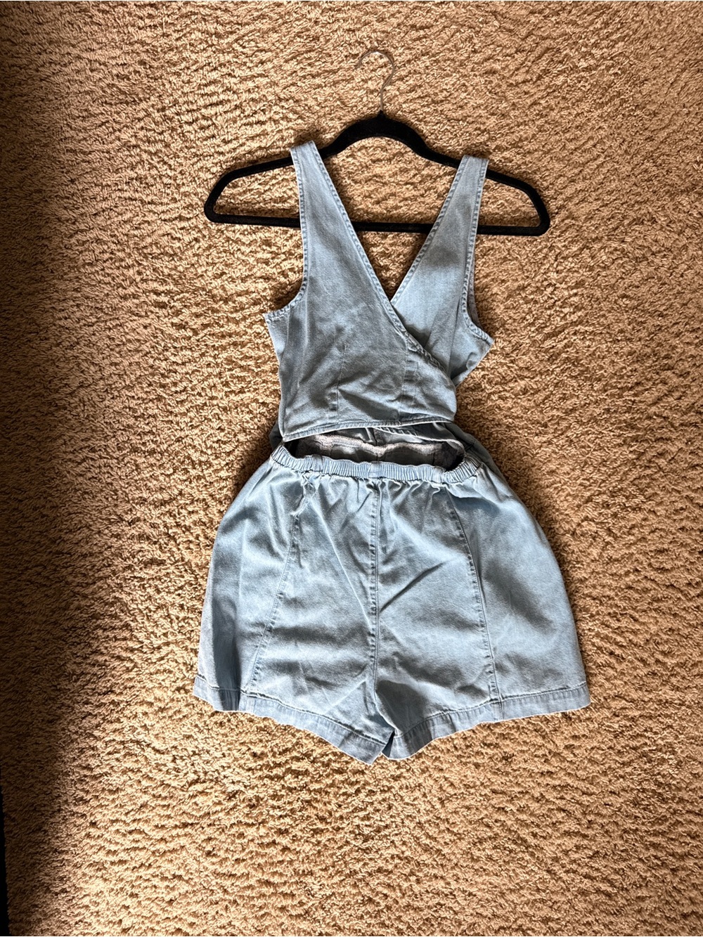 aerie Light Blue Denim Cross-Back Shorts Romper